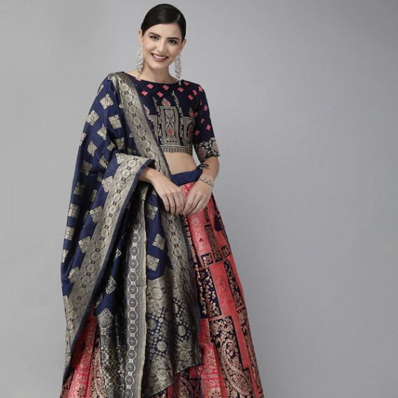 https://soulstylez.com/products/pink-navy-blue-woven-design-semi-stitched-lehenga-unstitched-blouse-with-dupatta